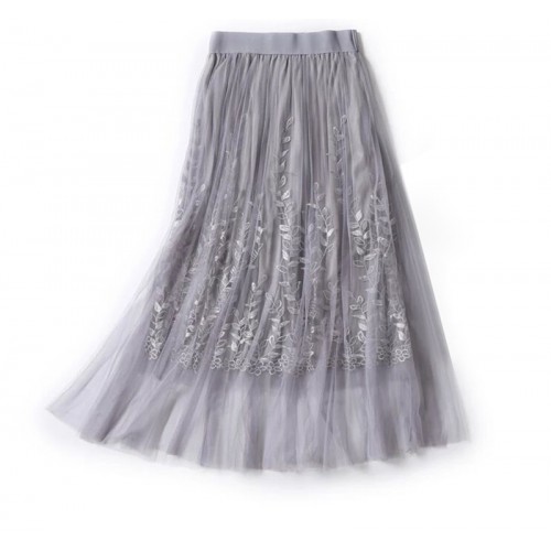 High Quality Elegant Tulle Long Pleated Skirt Women 2018 Summer floral Embroidery A-line tutu Lace mesh Skirt Women midi skirt High Quality Elegant Tulle Long Pleated Skirt Women 2018 Summer floral Embroidery A-line tutu Lace mesh Skirt Women midi skirt