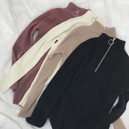 Zipper Turtleneck Solid Women Sweater Skinny Elastic Knitted Full Sleeve Pullover Zipper Turtleneck Solid Women Sweater Skinny Elastic Knitted Full Sleeve Pullover
