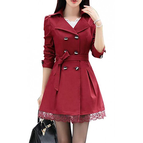 Women Mid Long Double-Breasted Lace Trim Elegant Jacket Trenchcoat Women Mid Long Double-Breasted Lace Trim Elegant Jacket Trenchcoat